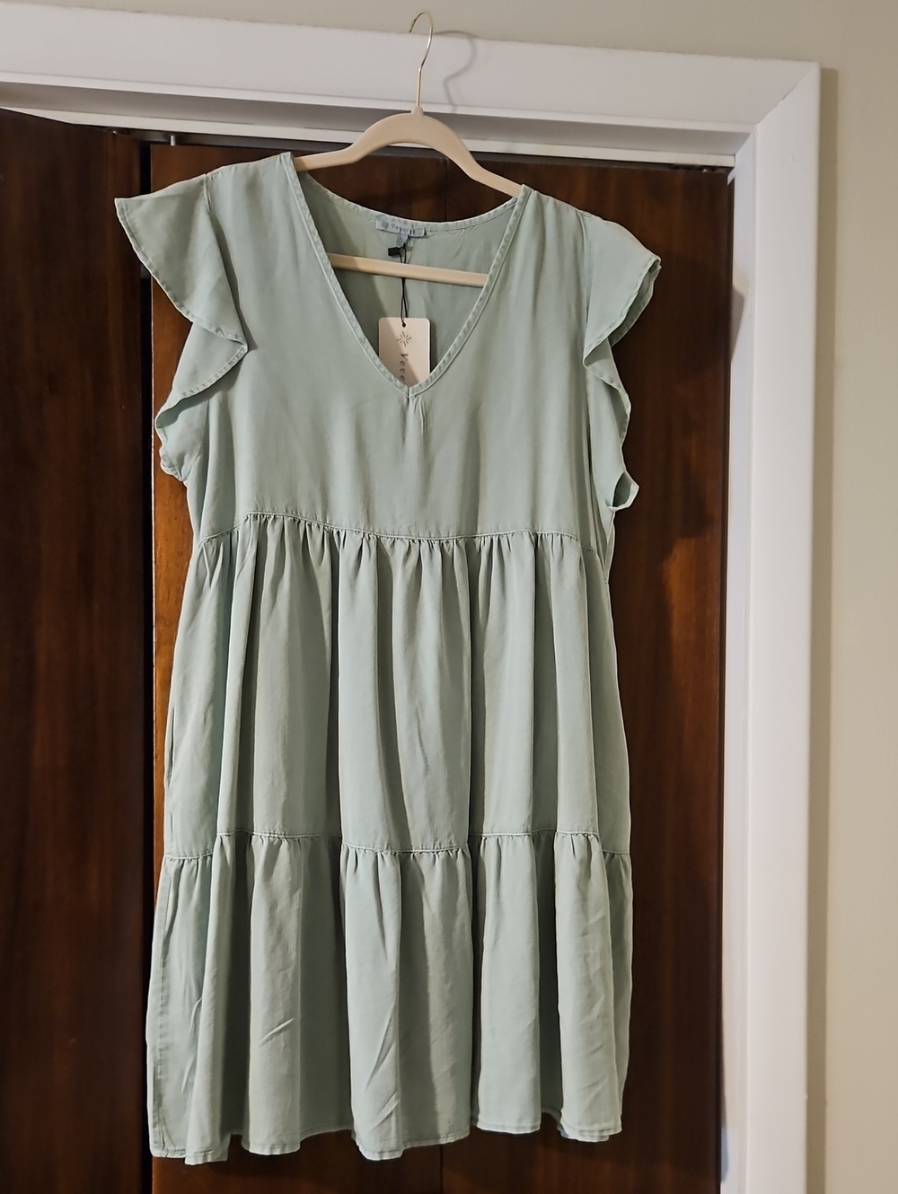 Veveret Sage Green Tiered Dress with Flutter Sleeves